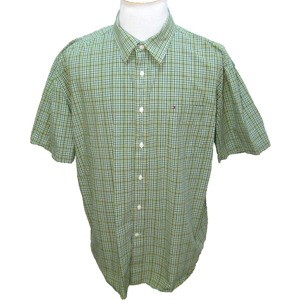 TOMMY HILFIGER Men's Size XL Green Plaid Short Sleeve Button Front Shirt Cotton